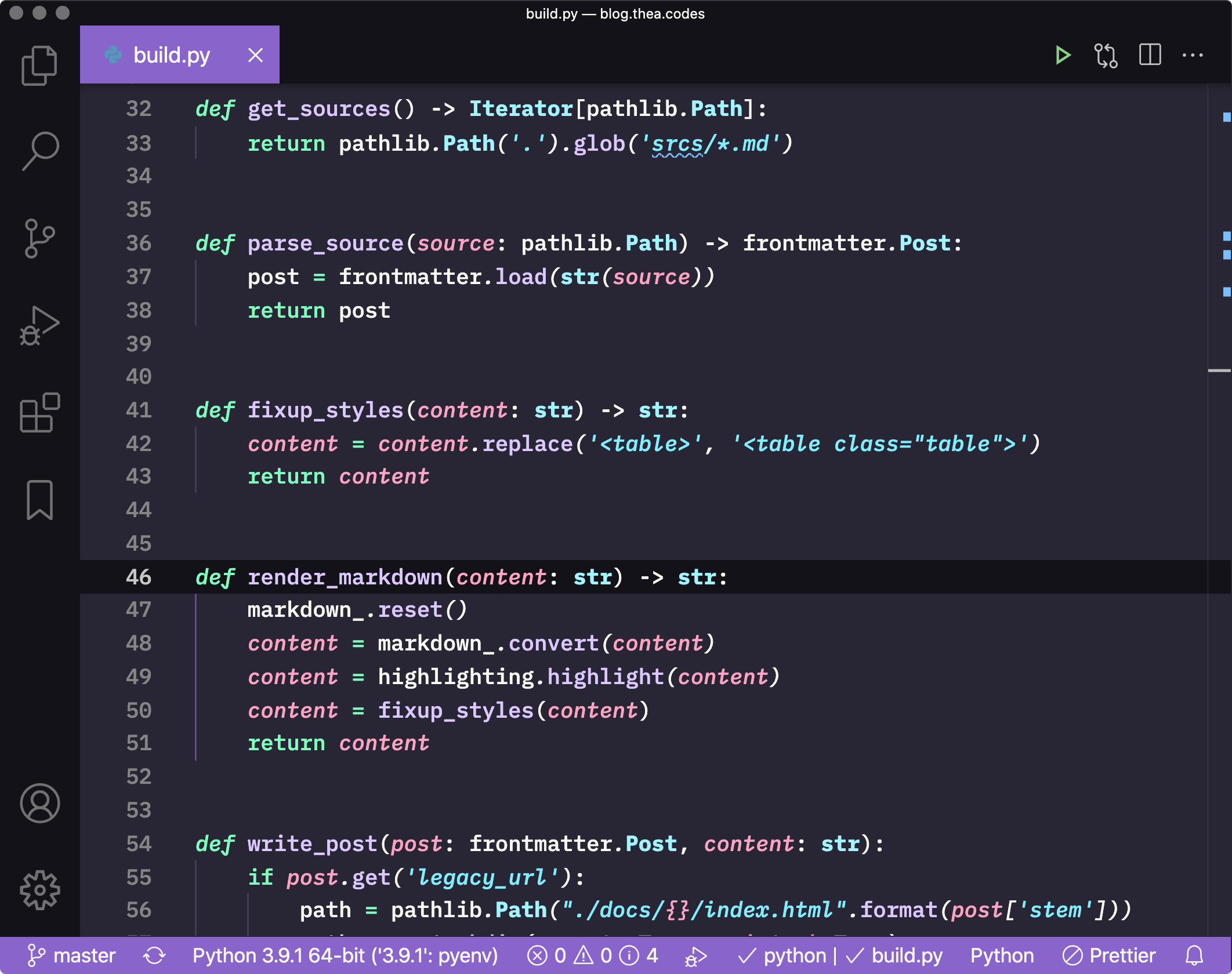 Screen cap of Witch Hazel Hypercolor theme in VSCode